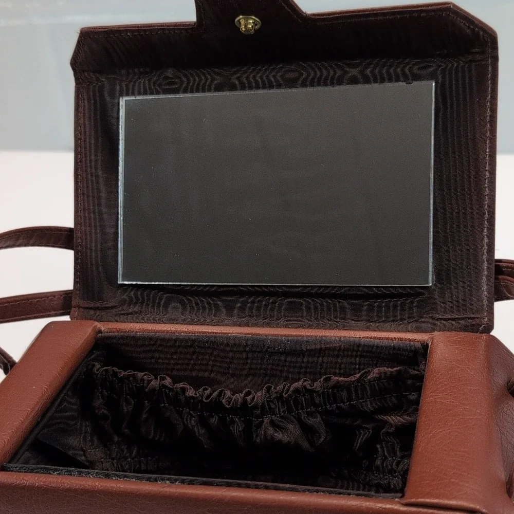 Vintage Geometric Brown Travel Vanity Makeup Case w/ Mirror, 8x4x3 in.